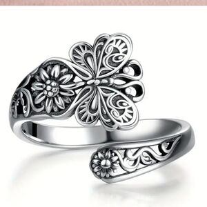 Adjustable Garden Spoon Ring Butterfly and Flowers Zinc Alloy